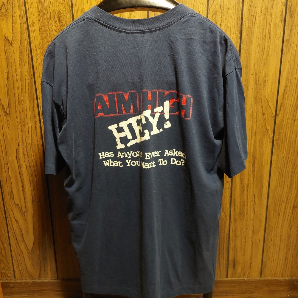 Vintage  80s US Air Force Shirt Aim High XL Black Small Bleach Spot